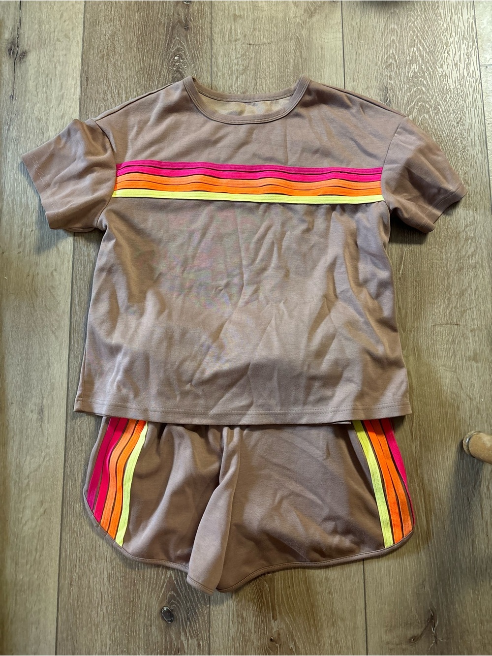 Brown Two-Piece Lounge Set with Neon Stripe Detail